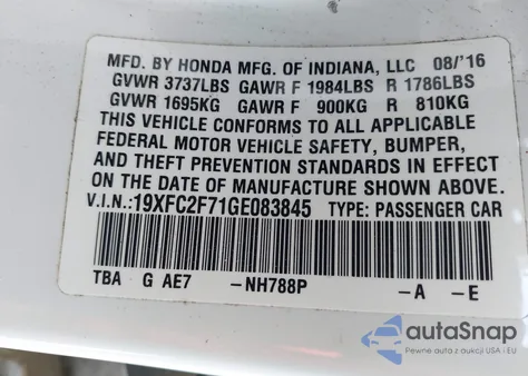 2016 Honda Civic Ex из США, поврежденный, VIN 19XFC2F71GE083845